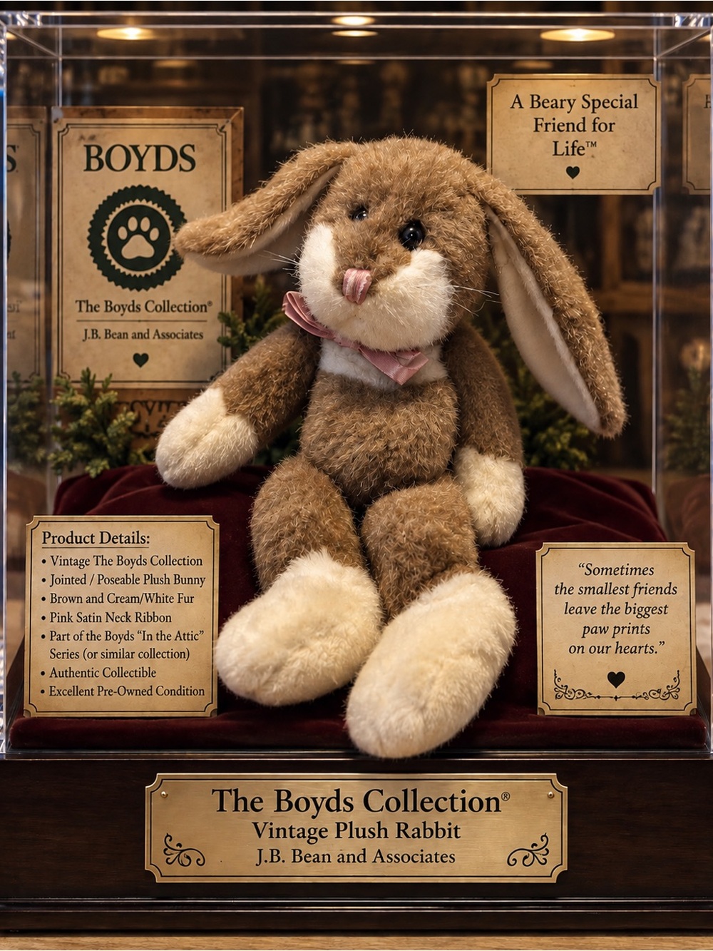 Brown & Cream Plush Rabbit with Pink Ribbon
